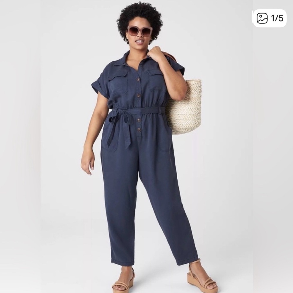 Lane Bryant Navy Short-Sleeve Utility Jumpsuit with Tie Waist